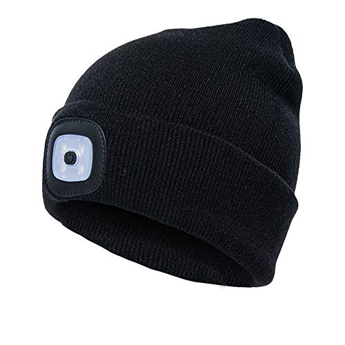 Led Hat Unisex Lighted Beanie Cap Hands Free Headlamp Hat Winter Warm Knit Cap with Adjustable LED Brightness (Black)