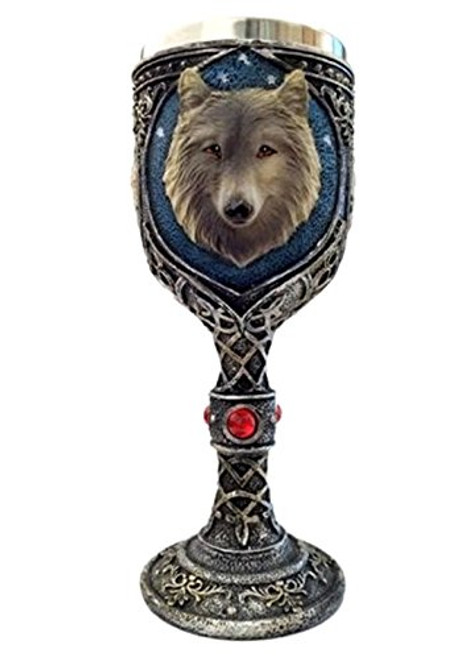 Bellaa 29950 Wolf Head Wine Goblets Ossuary Chalice Resin Body Stainless Steel 8 Inch Tall