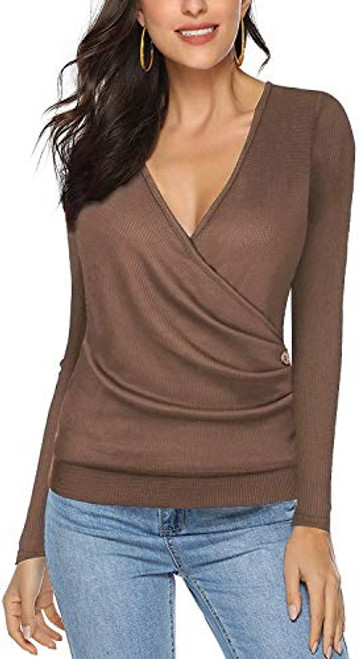 Women's Waffle Knit Buttons Wrap V Neck Long Sleeve/Short Sleeve Casual Tunic Blouse Top Shirts (Coffee, L)