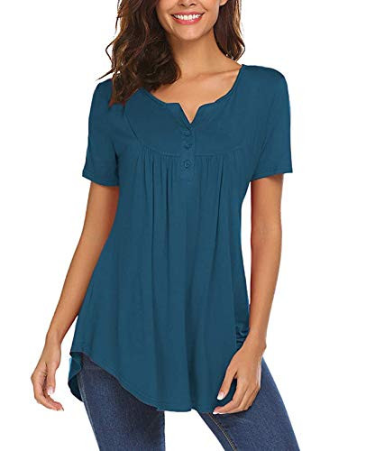 Women's Shirts Casual Blouse Short Sleeve Ruffle Button Up Tunic Tops Solid Fit Flare Henley Tops Dark Cyan M