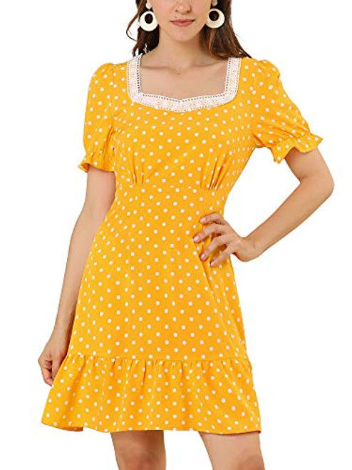 Allegra K Women's Casual Polka Dots Print Ruffle Hem Short Sleeve Square Neck Dress Medium Yellow