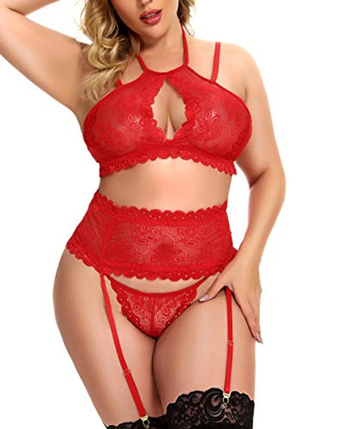 Racicio Women Sexy Bodysuit Lingerie Set Lace Babydoll Chemise with Garter Belts L-4XL Red Racicio Women Sexy Bodysuit Lingerie Set Lace Babydoll Chemise with Garter Belts L-4XL Red