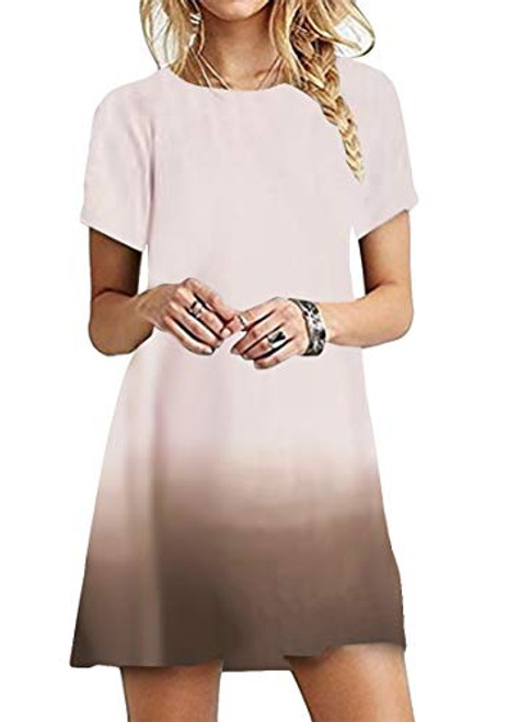 YMING Womens Short Sleeve Casual Dress Loose Tie Dye Summer Mini Dress Basic T Shirt Dress Beige S