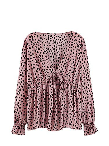 SheIn Women's Plus Dalmatian Print V Neck Flounce Sleeve Peplum Blouse Top Dusty Pink 2XL