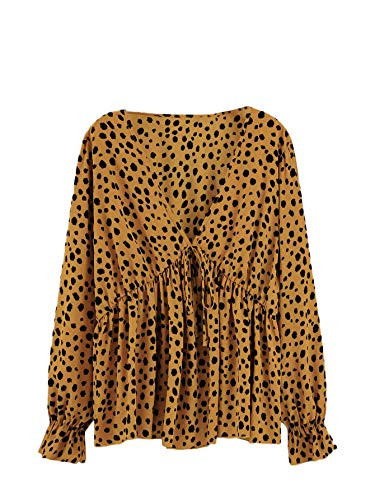 SheIn Women's Plus Dalmatian Print V Neck Flounce Sleeve Peplum Blouse Top Mustard Yellow 4XL