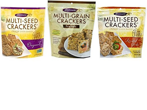 Crunchmaster Gluten Free Non-GMO Baked Crackers 3 Flavor Variety Bundle: (1) Crunchmaster Original Crackers, (1) Crunchmaster Sea Salt, and (1) Crunchmaster Roasted Garlic, 4.5 Oz. Ea. (3 Bags)