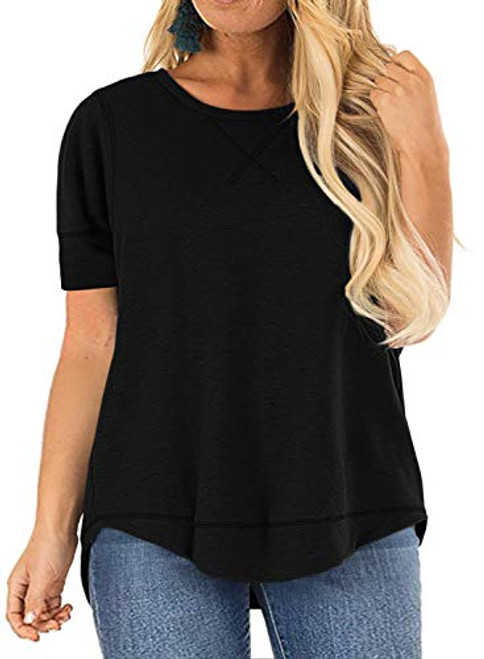 Women's Plus Size Tops Crewneck Short Sleeve Tunic Tops Casual Summer Blouse Side Split Tunics Shirts Black