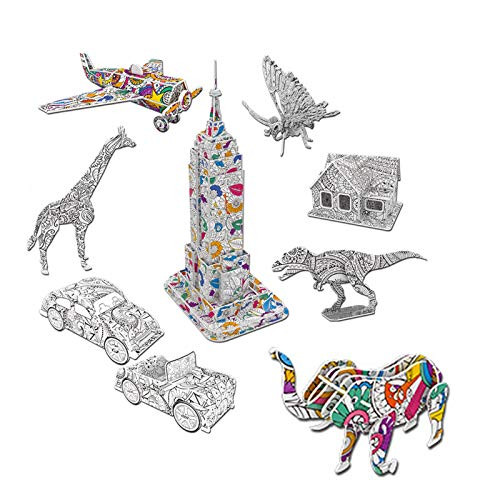 wuxiaobo 3D Coloring Puzzle Set, 9 Puzzles with 10 Pen Markers, Art Coloring Painting 3D Puzzle Fun Creative DIY Toys Gifts for Girls and Boy for Kids Age 7 8 9 10 11 12