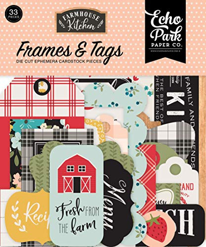 Echo Park Paper Company Farmhouse Kitchen Frames  and  Tags Ephemera, red, Yellow, Teal, Woodgrain, Balck