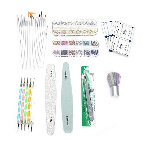Nail Design Supplies Set, Nail Dotting Pen Rhinestones Decoration Nail Art Brush File Tweezers DIY Manicure Tool Kit for Nail Salon