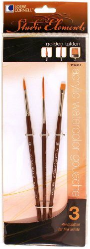 Loew-Cornell 1024914 Studio Elements Short Handle Round/Flat/Script Golden Taklon Brush Set, 3-Piece
