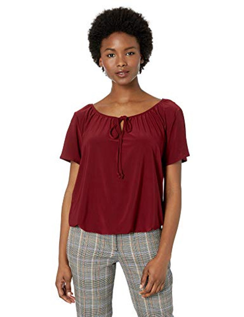 Star Vixen Women's Petite Short-SLV Keyhole-Tie Knit Peasant w Bubble Hem Top, Burgundy, PL