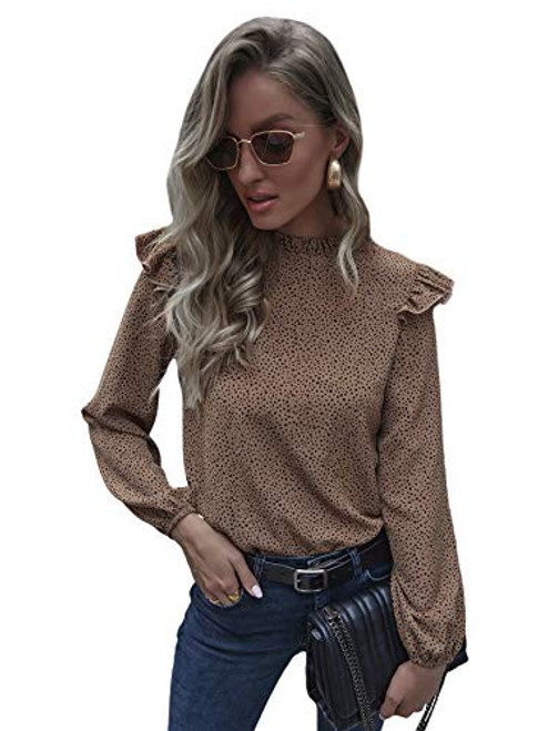 SOLY HUX Women's Print Mock Neck Ruffle Trim Long Sleeve Top Blouse Khaki Polka Dots L SOLY HUX Women's Print Mock Neck Ruffle Trim Long Sleeve Top Blouse Khaki Polka Dots L