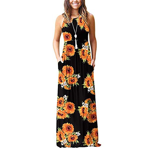 Women's Summer Bohemian Floral Dresses Sleeveless Racerback Loose Plain Maxi Tank Dress Casual Long Dresses with Necklace Black Yellow