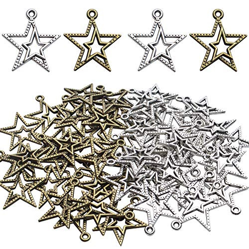 Star Charms Pendant, 50pcs Tibetan Celestial Star Charms Vintage Alloy Double Star Pentagram Pendant Jewelry Findings for DIY Necklace Bracelet, Ancient Silver and Ancient Bronze, 22x20mm Star Charms Pendant, 50pcs Tibetan Celestial Star Charms Vintage Alloy Double Star Pentagram Pendant Jewelry Findings for DIY Necklace Bracelet, Ancient Silver and Ancient Bronze, 22x20mm