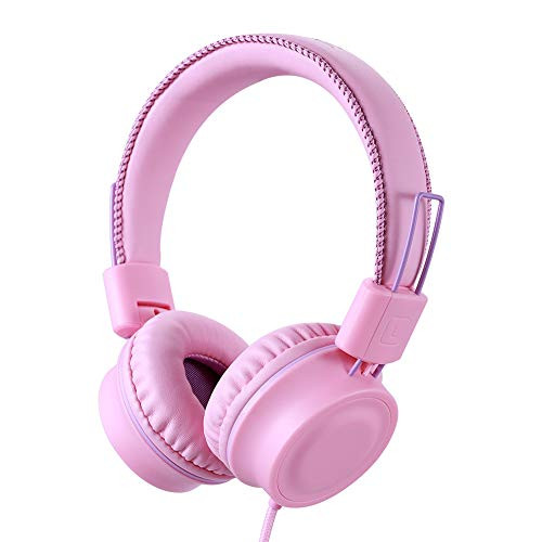 POWMEE Kids Headphones M2 Wired Headphone for Kids,Stereo Tangle-Free,3.5MM Jack Wire Cord On-Ear Headphone for Children/Teens/Girls/School/Kindle/Airplane/Plane/ (Pink)