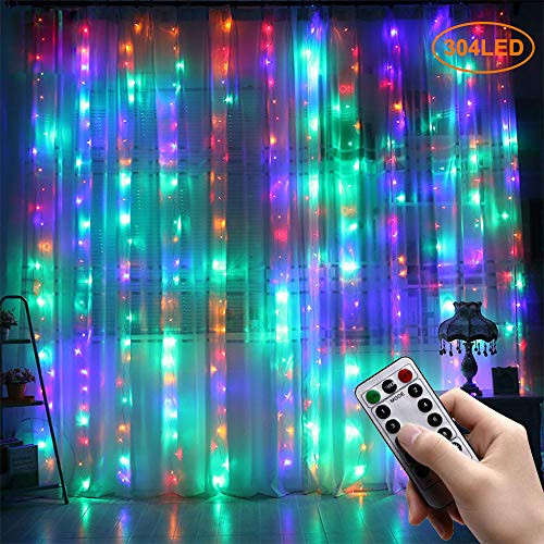 longdafeiUS Window Curtain Fairy String Lights, 300 LEDs 3M × 3M 8 Modes Curtain String Lights with Remote Control USB & Battery Operated for Indoor Outdoor Decoration (Multicolor)