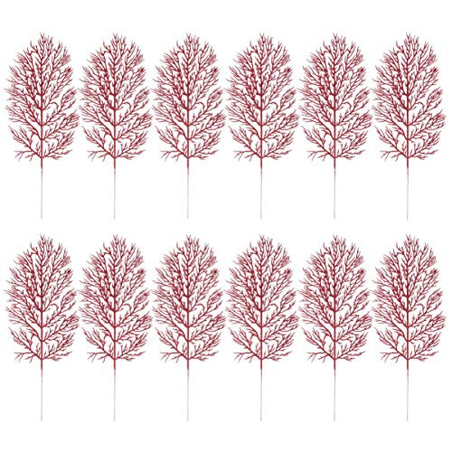 Cabilock 12pcs Christmas Tree Pick Leaves Ornament Glitter Leaf Spray Xmas Holiday Decor Vase Tree Filler Wreath Garland Wedding Decoration DIY Craft Red