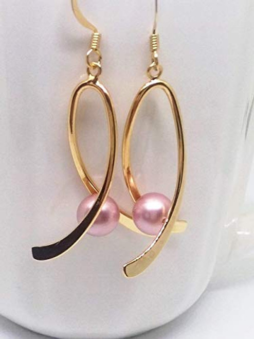Breast Cancer Awareness Ribbon Earrings. Gold Plated with Pink Swarovski Pearls.