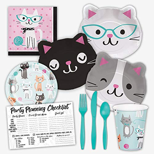 Honey Dew Gifts Purr-FECT Party Cat Birthday Party Supplies Set for Girls - Serves 8 Guests