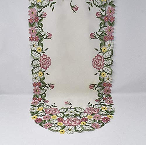SAINTY H0893-(16x45) Pink Rose/Yellow Daisy Oval Table Runner, 16 inch x 45 inch, Cream