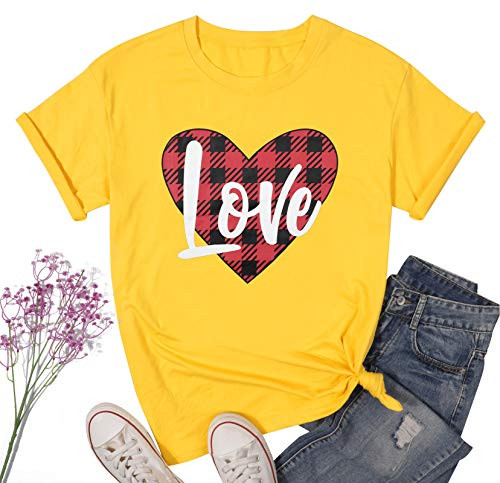 LUKYCILD Valentines Day Shirt Women Buffalo Plaid Love Heart T-Shirt Short Sleeve Cute Graphic Print Tee Tops (Yellow, Medium)