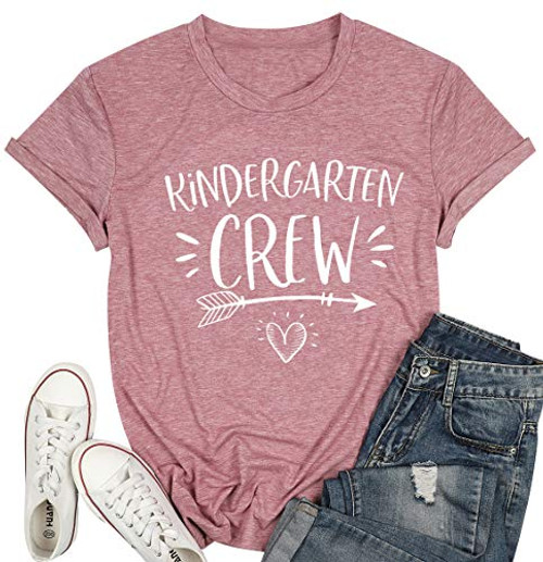 Women Kindergarten Crew Shirt Teaching Shirts Funny Short Sleeve Kindergarten Teachers Tee Top (Dark Pink, Small)