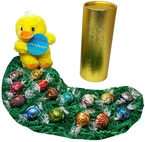 Easter Gourmet Chocolates Gift Basket Box - Lindt Lindor Gourmet Truffles and Plush Easter Stuffed Animal (Yellow Chick with Easter Egg)