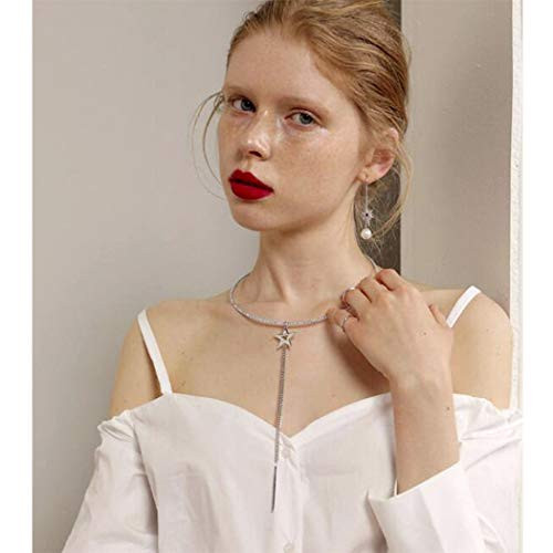 Aukmla Boho Star Pendent Necklace Choker Silver Long Crystal Necklaces Chain Jewelry for Women and Girls
