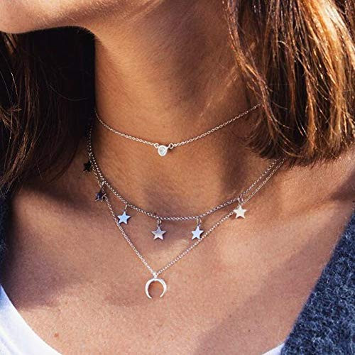 Jovono Multilayered Star Tassel Pendant Necklaces Fashion Crescent Moon Necklace Chain Jewelry for Women and Girls (Silver)