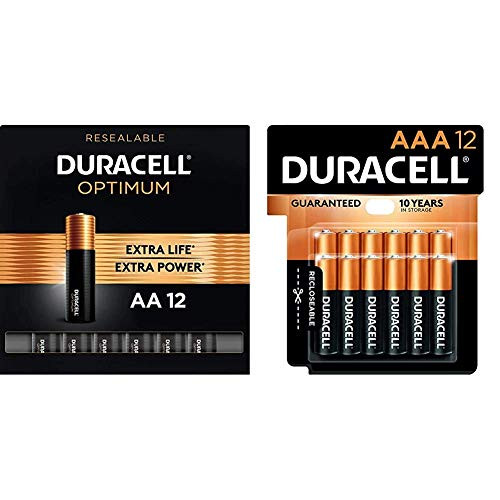 Duracell Optimum AA Alkaline Batteries   Long Lasting 1.5V Double A Battery   12 Count  and  CopperTop AAA Alkaline Batteries - All-Purpose Triple A Battery for Household and Business - 12 Count