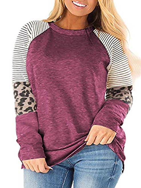 Plus Size Tops for Women Long Sleeve Tunic Leopard Print T-Shirt Wine Red 24W