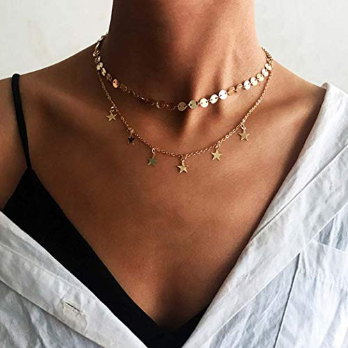 Easedaily Boho Layered Necklaces Gold Sequins Choker Star Pendant Short Necklace Chain Jewelry for Women and Girls Easedaily Boho Layered Necklaces Gold Sequins Choker Star Pendant Short Necklace Chain Jewelry for Women and Girls