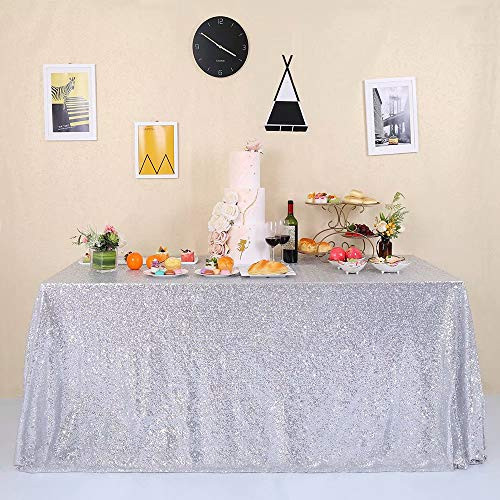 GFCC Seamless Silver Sequin Tablecloth Glitter 60x102-inch for Wedding Party Christmas Event Banquet Table Cloth Sparkly Rectangle Cake Table Cover Linen