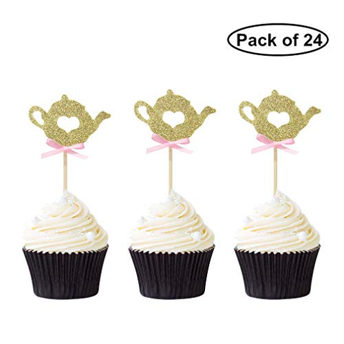 Pack of 24 Gold Glitter Teapot Cupcake Toppers Theme Party Decor Food Cake Picks