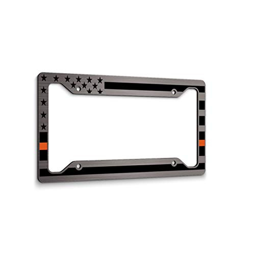 JASS GRAPHIX American Flag License Plate Frame - Thin Orange Line- Car Tag Frame -Orange On Brushed Search and Rescue SAR