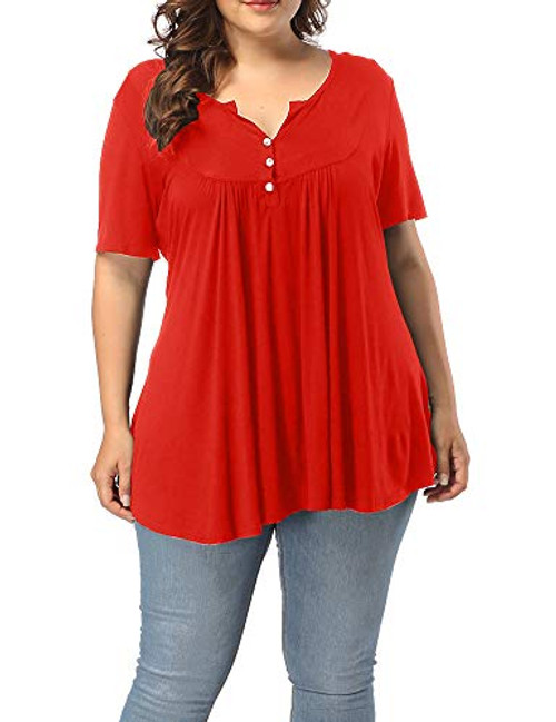 Allegrace Women's Plus Size Henley V Neck Button Up Tunic Tops Casual Short Sleeve Ruffle Blouse Shirts Red 3X