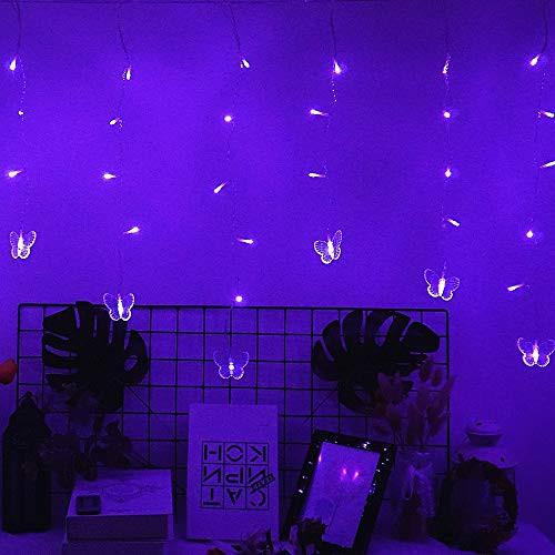 SunKite Butterfly Curtain String Light 14.8Ft 120LED Window USB Fairy Lights 24 Butterfly 8 Modes with Remote Control for Room Bedroom Patio Party Wedding Holiday Christmas Decoration (Purple)