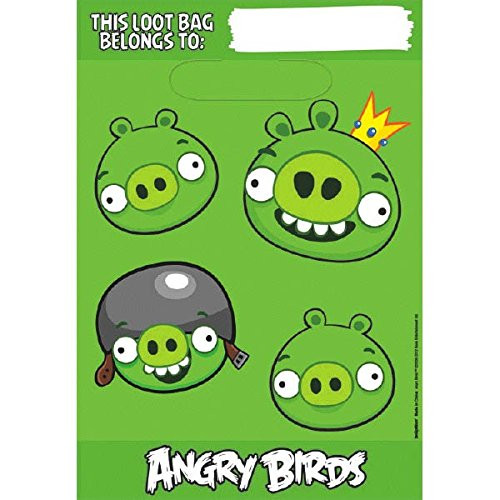 Amscan Fun-Filled Angry Birds Birthday Party Folded Loot Bags (Pack Of 8), Green, 9" x 6 1/2"