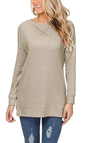 HIYIYEZI Women's Fall Long Sleeve Plus Pullover Side Split Loose Casual Tunic Tops(S, Beige)