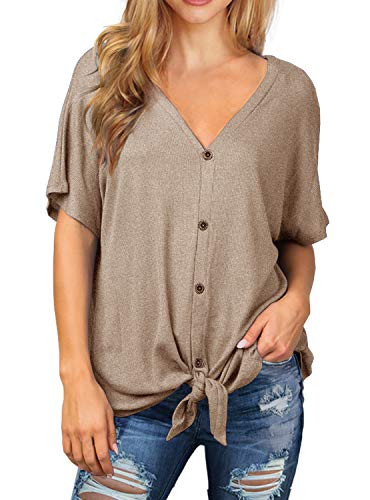 IWOLLENCE Womens Waffle Knit Tunic Blouse Tie Knot Short Sleeve Henley Tops Loose Fitting Bat Wing Shirts Khaki Large