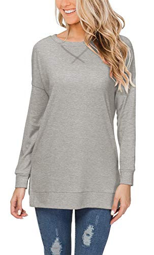 HIYIYEZI Women's Fall Long Sleeve Side Split Loose Casual Pullover Tunic Tops (Medium, Light Gray)