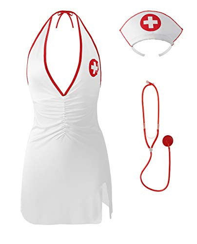 XSPICE Nurse Costume Halter Lingerie Dress Babydoll Cosplay Outfits with Stethoscope (S/M, White2)