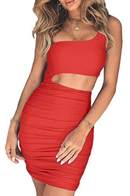 CHYRII Women's Sexy One Shoulder Sleeveless Cutout Club Mini Bodycon Dress Red S CHYRII Women's Sexy One Shoulder Sleeveless Cutout Club Mini Bodycon Dress Red S