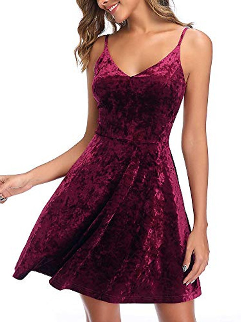 GUBERRY Womens Red Mini Dress Velvet V-Neck Strap Flare Aline Skater Cami Dress GUBERRY Womens Red Mini Dress Velvet V-Neck Strap Flare Aline Skater Cami Dress