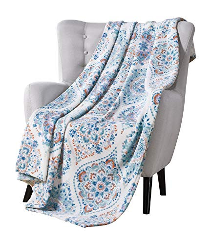 VCNY Decorative Throw Blanket: Floral Medallion Design Accent for Couch or Bed, Colors: Aqua Mint Blue Orange Purple White