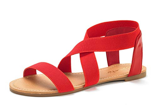 DREAM PAIRS Sandals for Women Elatica-6 Red Elastic Ankle Strap Flat Sandals - 10 M US