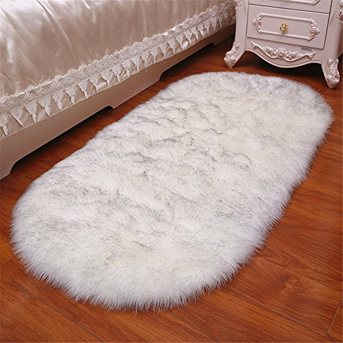 CHITONE Quality Faux Sheepskin Rug Sofa Couch Stool Casper Vanity Chair Cover Seat Pad Plain Area Rugs Oval Living Bedroom Floor 2x3ft Sofa Mat,White and Grey Top