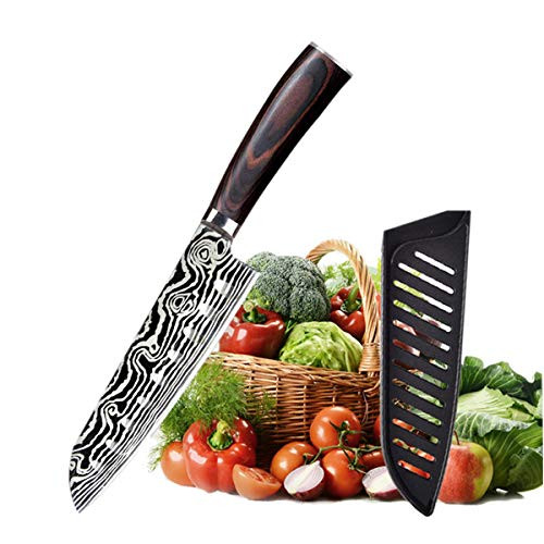 Chef Knife, 7 inch Japanese Santoku Knife with cover, German Stainless Steel High Carbon Multifunctional kitchen knife Super Sharp, Pakkawood Ergonomic Handle