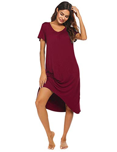 Ekouaer Women's Short Sleeve Nightgowns Soft Long Sleep Shirts Sleepwear Plus Size S-2XL Wine Red